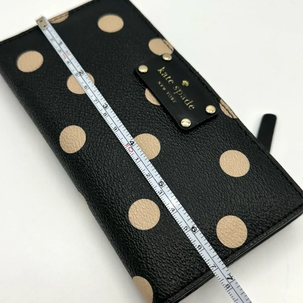 💰SALE💰 Kate Spade Leather Polka Dot Slim Snap Bifold Wallet Black/Light Beige - Picture 12 of 14